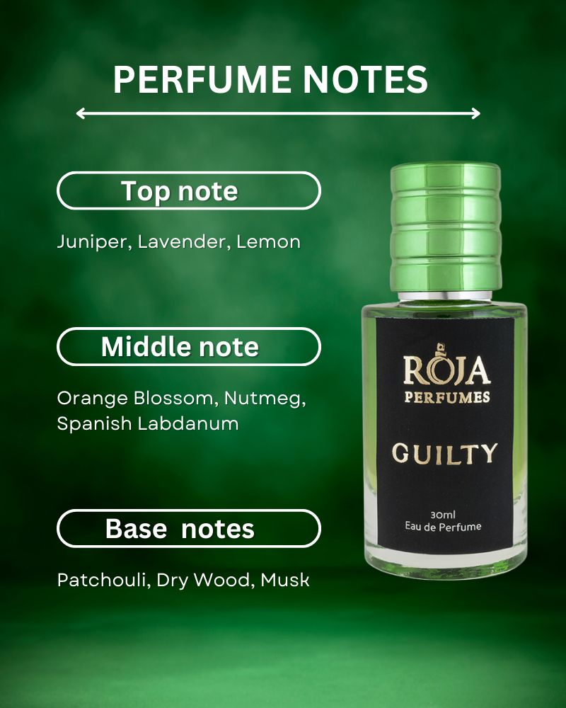 Guilty perfume notes chart with the bottle