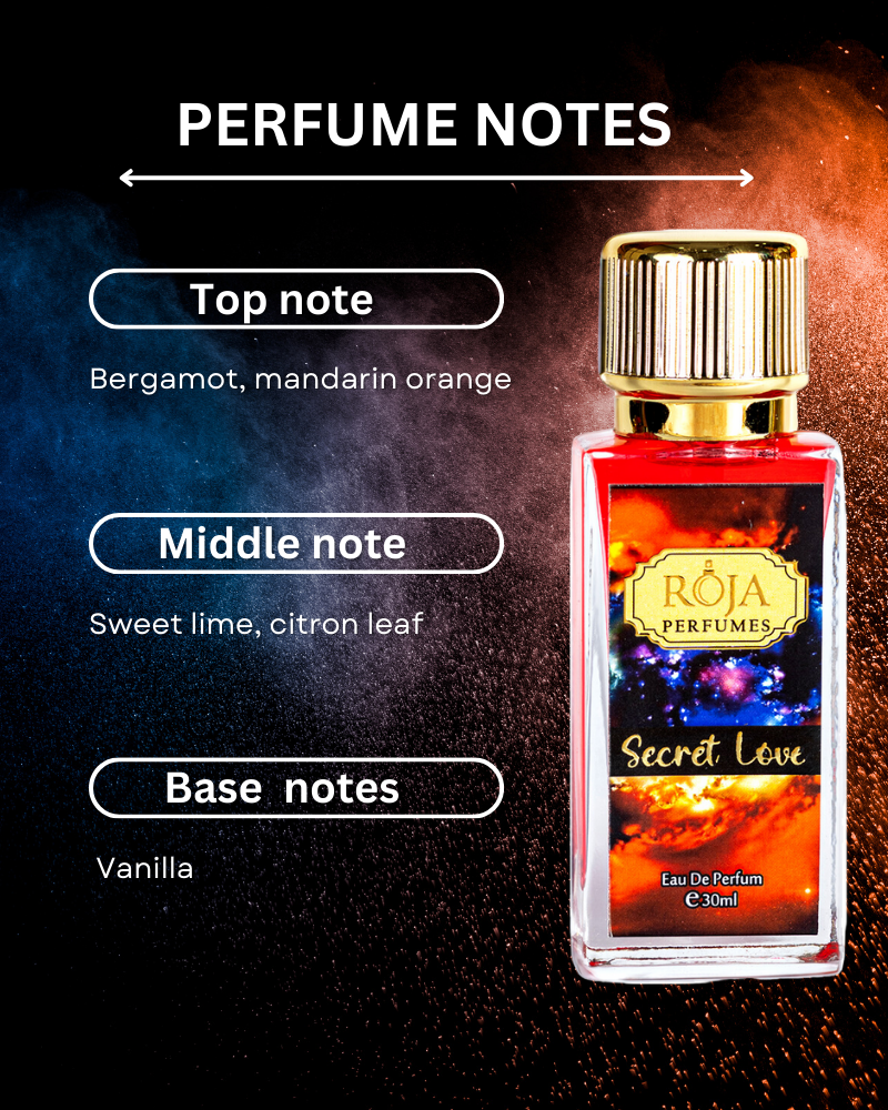Secret Love perfume notes chart with the bottle