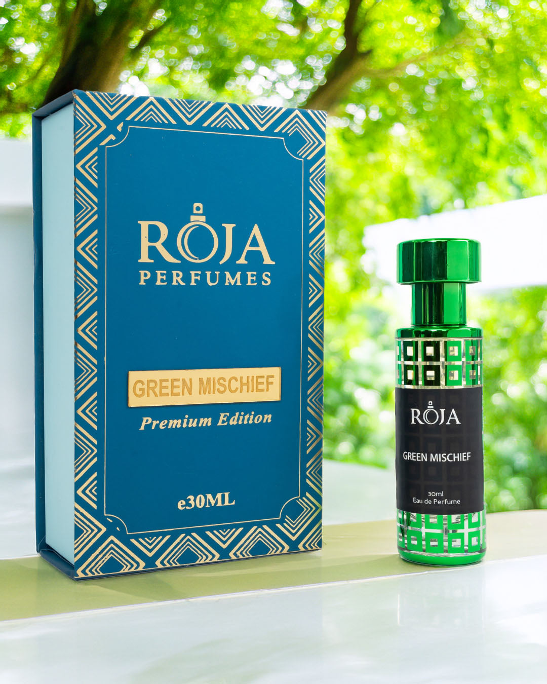 Roja Fume Green Mischief Premium Edition bottle with its gift box