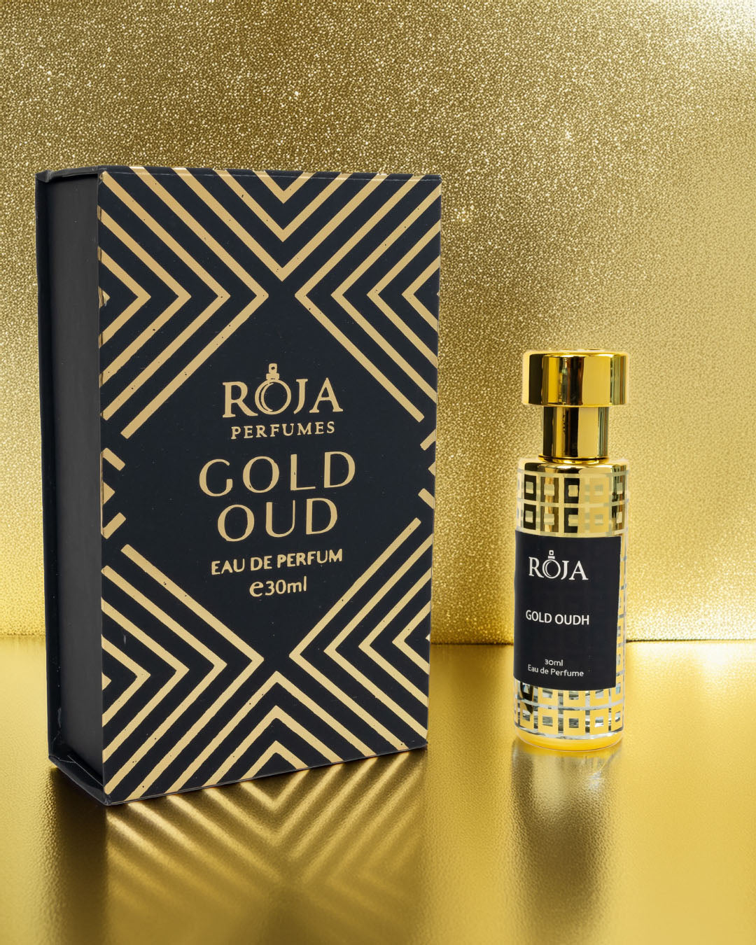 Roja Fume Gold Oudh perfume bottle with its black and gold box