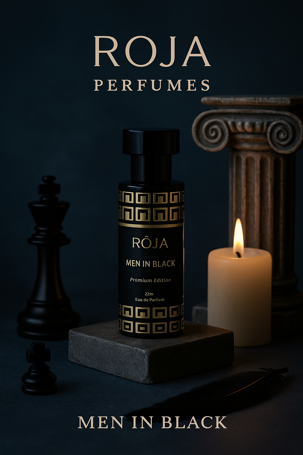 Roja Fume Men in Black perfume for men, bottle by candlelight