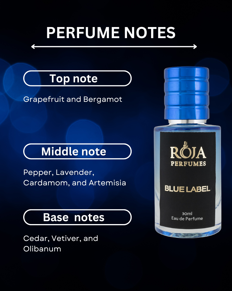 Blue Label perfume notes chart with the bottle
