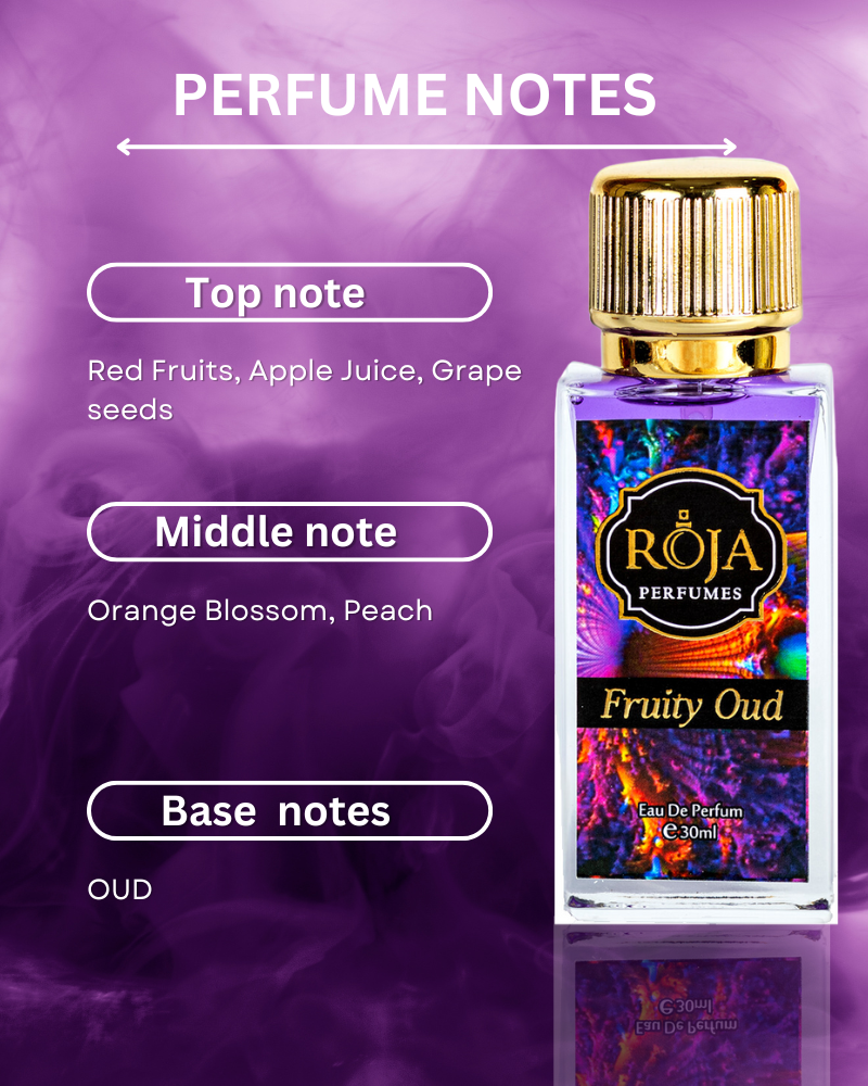 Fruity Oud perfume notes chart with the bottle