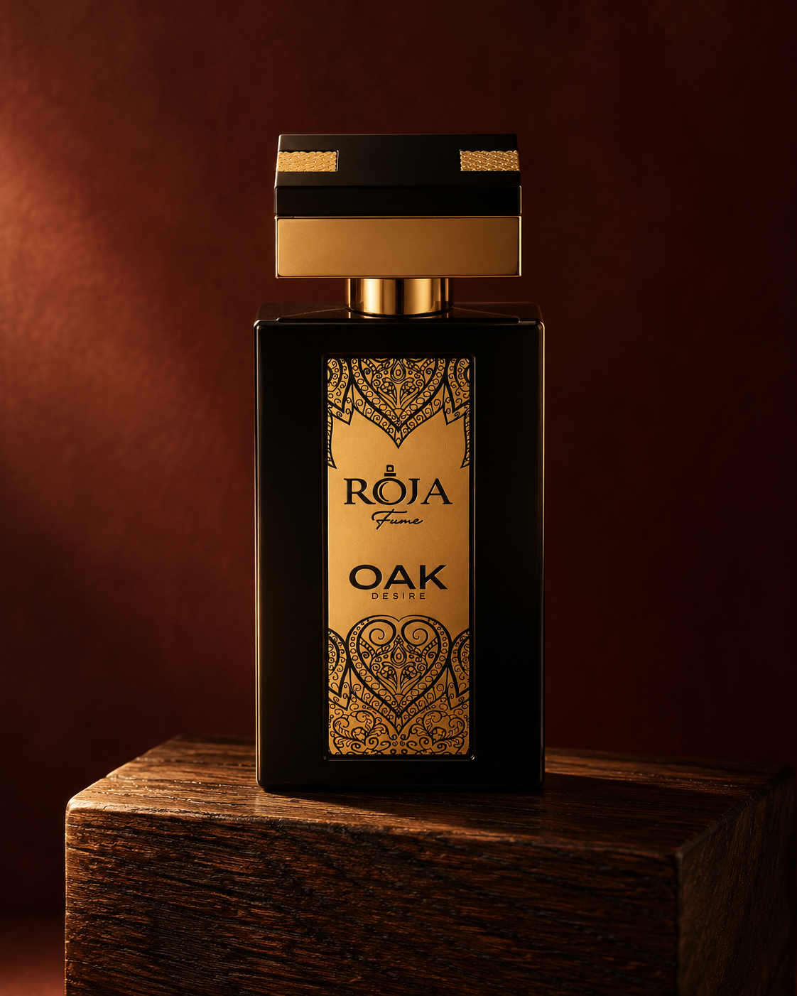 Roja Fume Oak Desire Extrait de Parfum on a wooden block