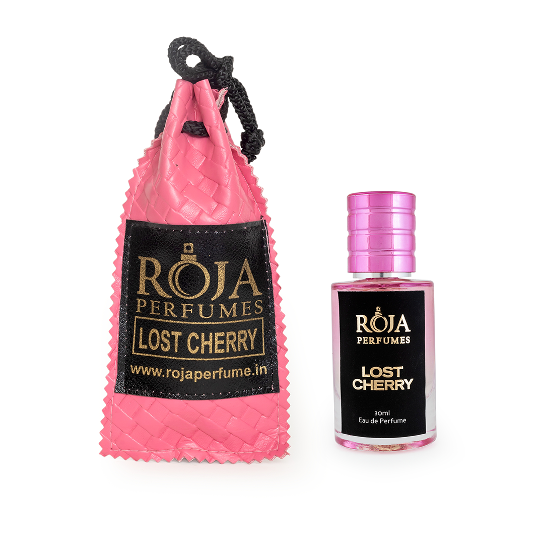 Roja Fume Lost Cherry perfume for women, 30ml bottle with pink velvet pouch