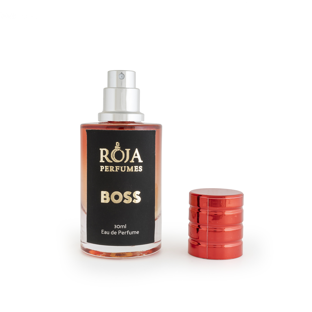 Roja Fume Boss perfume bottle with the cap off