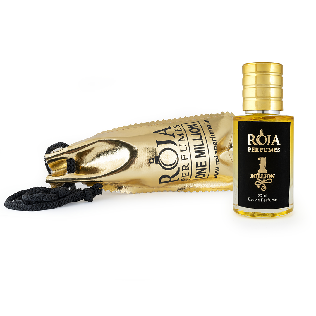 Roja Fume One Million perfume bottle lying on its gold pouch